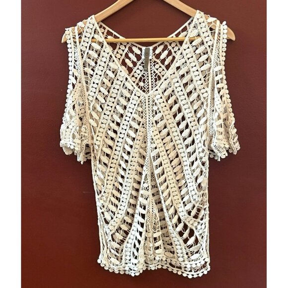 XCVI Women's Cream V-Neck Crocheted Cold Shoulder Blouse Size 1 Beach Cover Up - Picture 1 of 6
